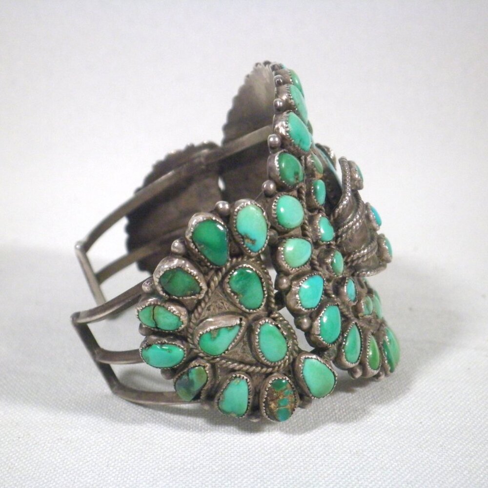 Native Turquoise Cluster Silver Cuff Bracelet - Blue Green Stones - Picture 3 of 8